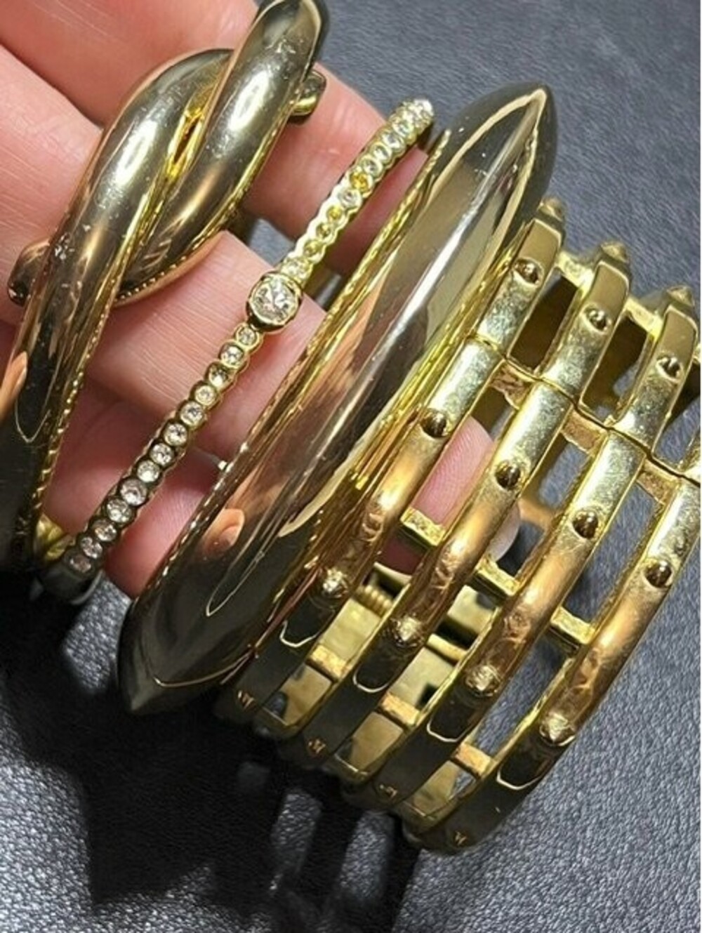 B7513 4pc Gold Tone Rhinestone Bangle Bracelet Lot Hinged Cuff set assorted